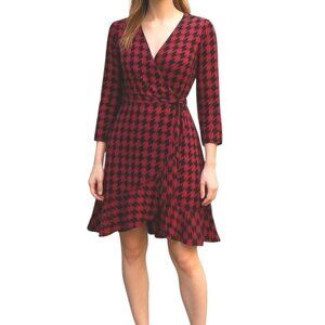 Danny & Nicole Faux Wrap Dress Sz 16 Red Black Houndstooth High Low Ruffle Belt